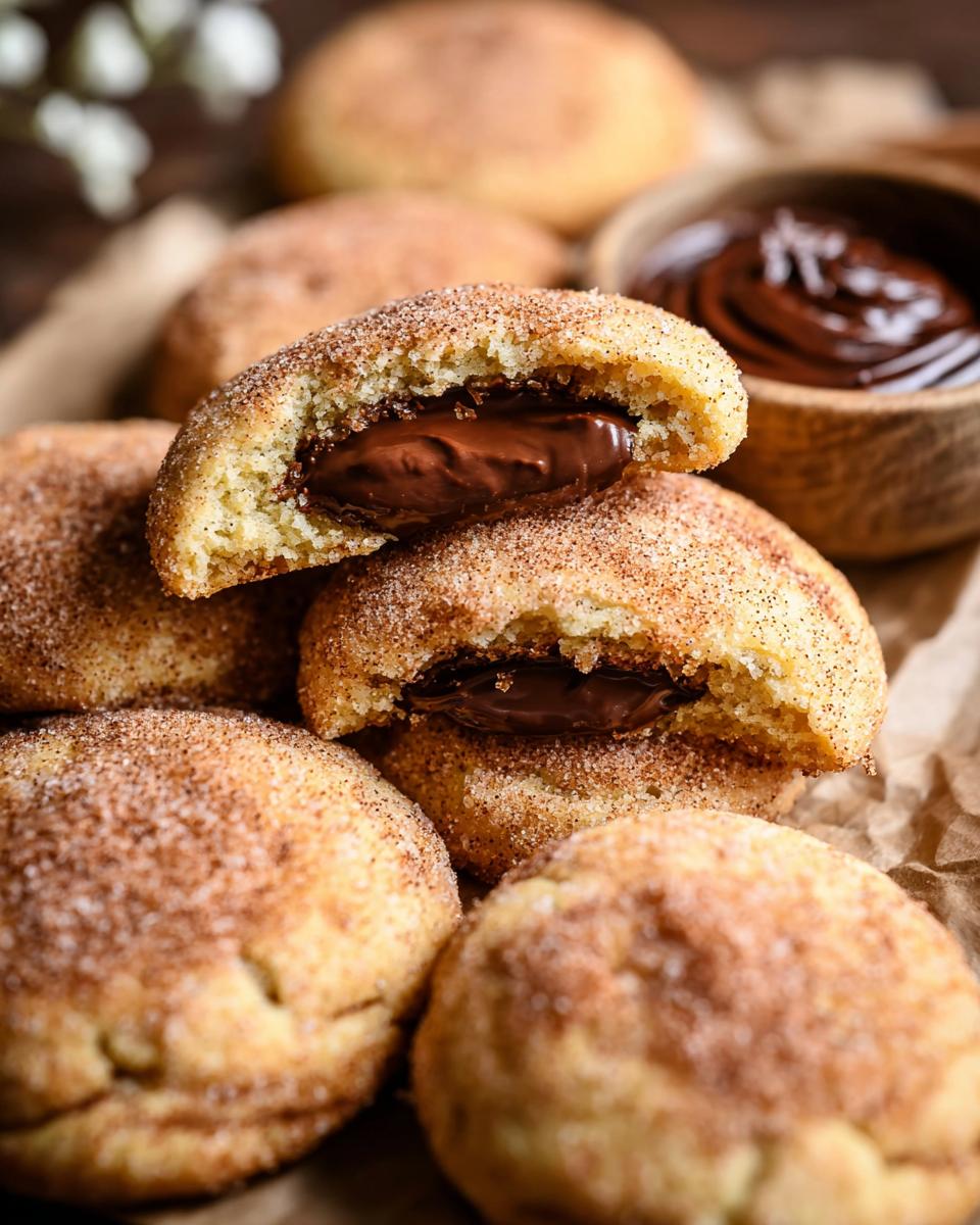 Close-up of a chewy churro cookie broken in half, revealing a gooey chocolate filling. These cookies taste like a warm hug!