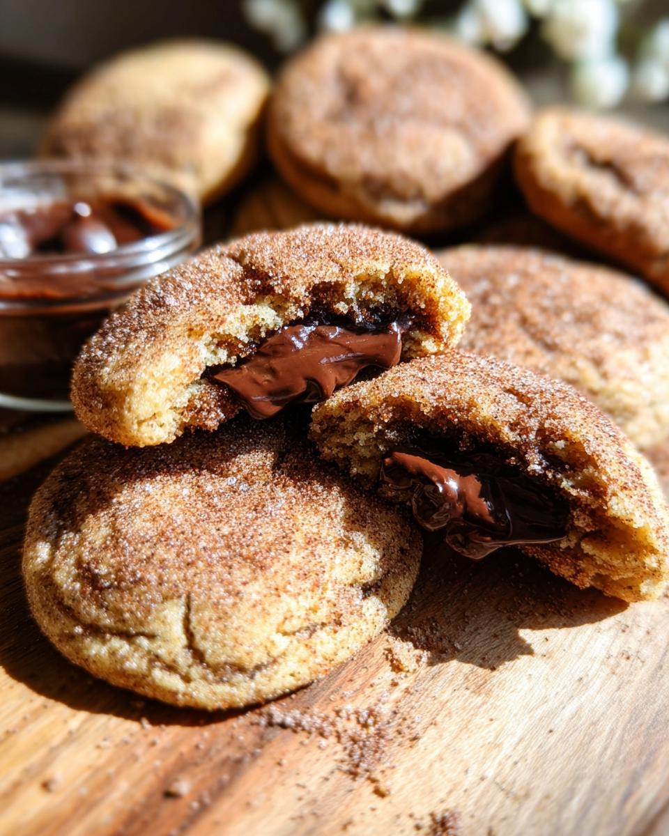 Close-up of chewy churro cookies, one broken open to reveal a gooey chocolate center.