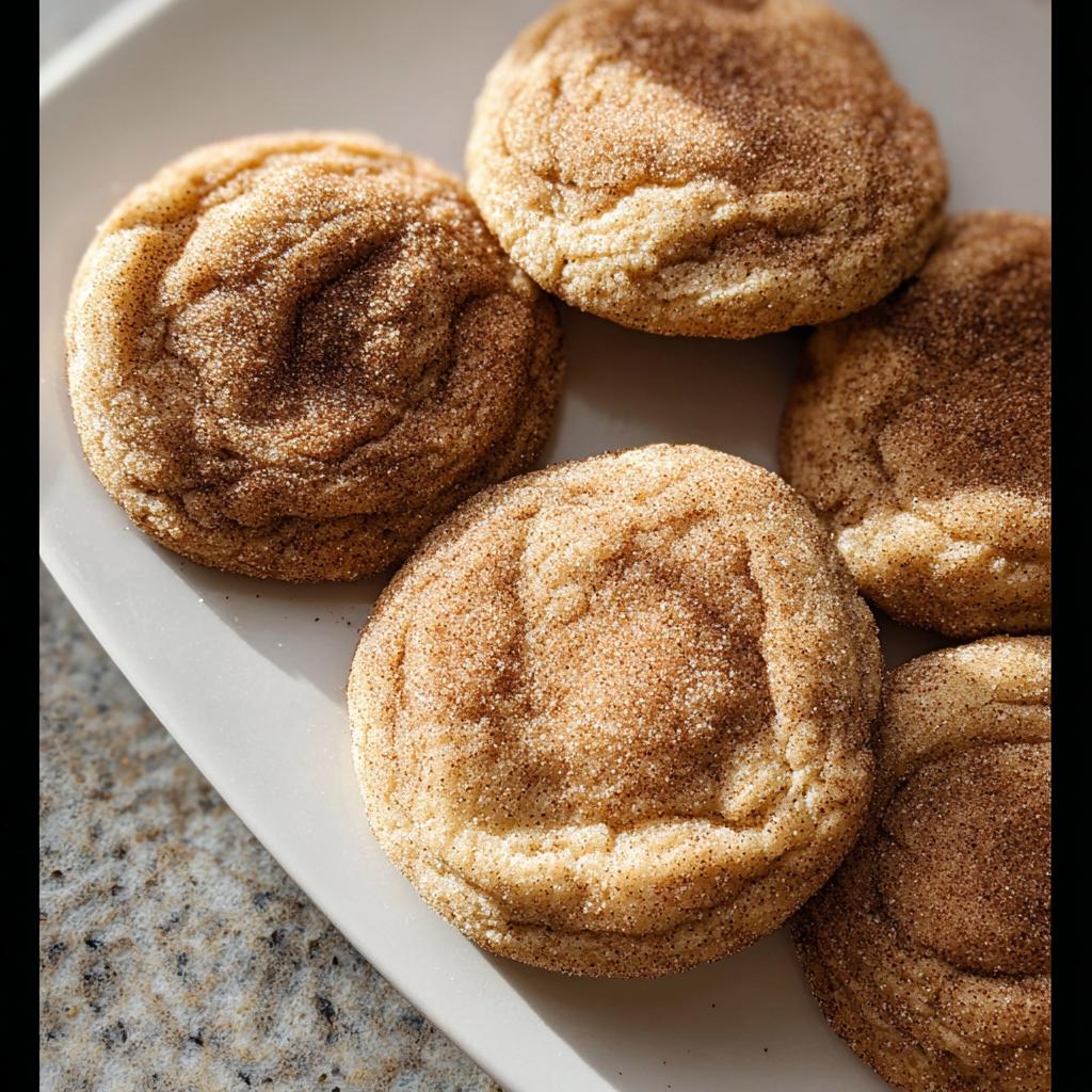 A close-up of several chewy churro cookies, coated in cinnamon sugar, on a white plate.
