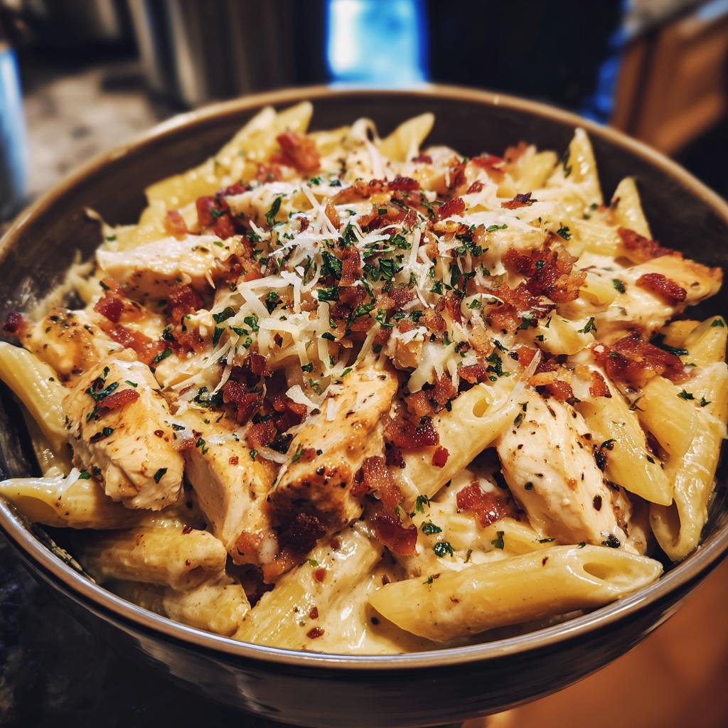 A bowl of delicious Chicken Bacon Ranch Penne pasta, topped with shredded cheese and parsley.
