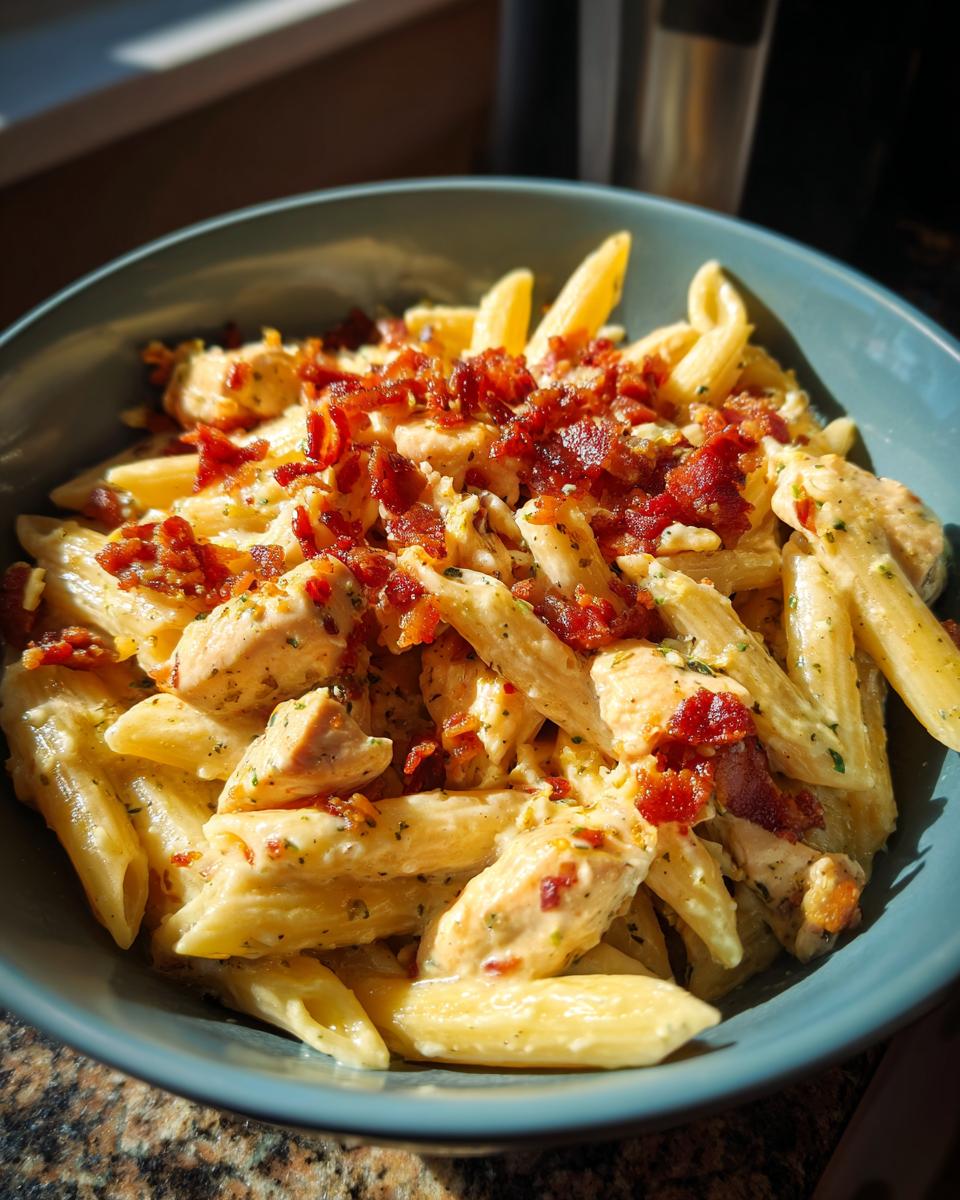 A close-up of a bowl filled with Chicken Bacon Ranch Penne pasta, topped with crispy bacon bits.