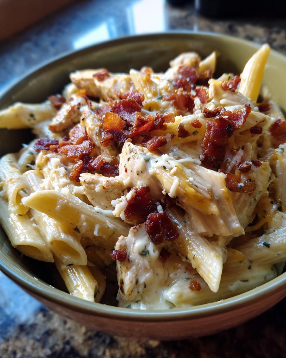 A close-up of a bowl of pasta recipes with chicken, bacon, and ranch sauce, topped with cheese and bacon bits.