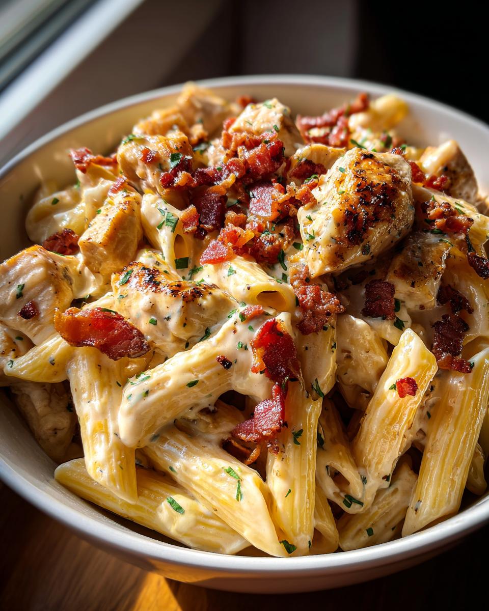 A close-up of creamy chicken bacon ranch penne pasta, topped with crispy bacon and parsley.