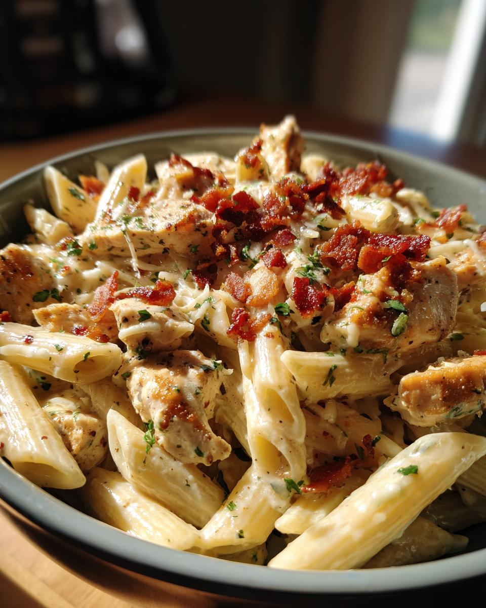 A close-up of creamy Chicken Bacon Ranch Penne pasta, topped with crispy bacon bits and fresh parsley.