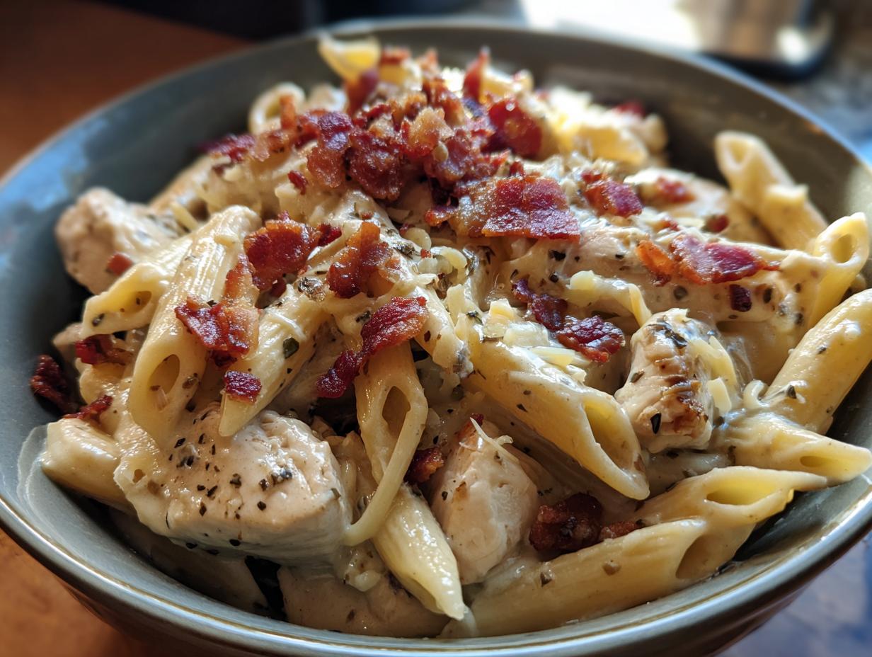 A close-up of a bowl filled with creamy Chicken Bacon Ranch Penne pasta, topped with crispy bacon bits.