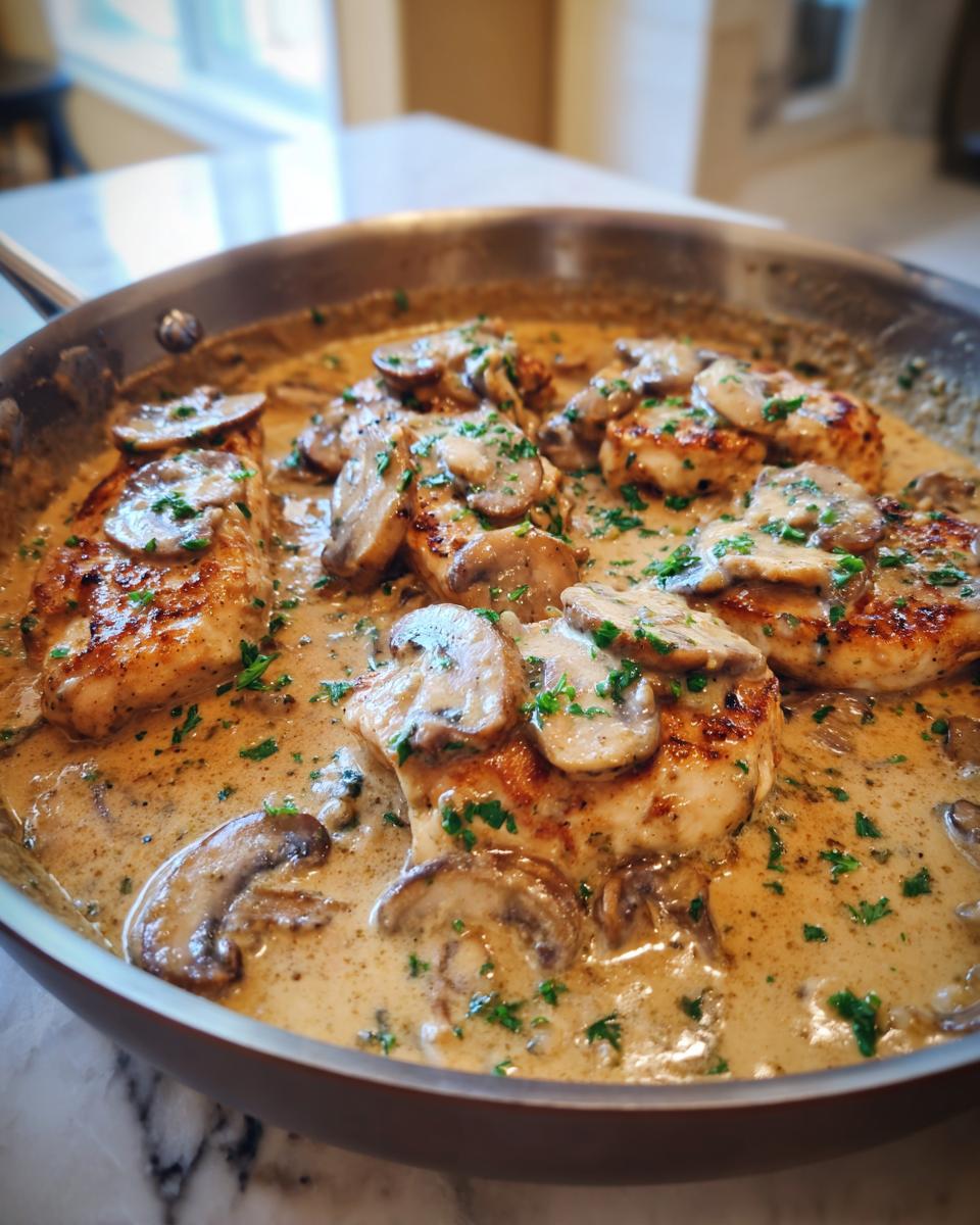 Pan-seared chicken breasts in a creamy mushroom sauce, garnished with fresh parsley. A delicious dish from chicken breast recipes.