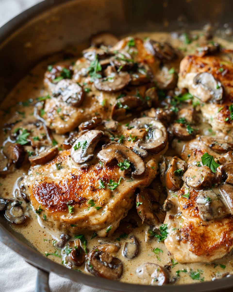 Close-up of pan-seared chicken breasts in a creamy mushroom skillet sauce, garnished with parsley.