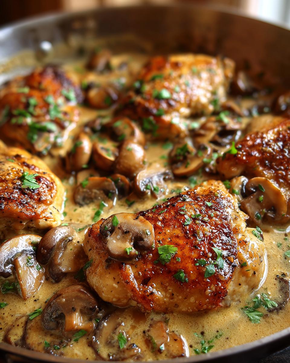 Close-up of tender chicken breast pieces in a rich, creamy mushroom skillet sauce, garnished with fresh parsley.