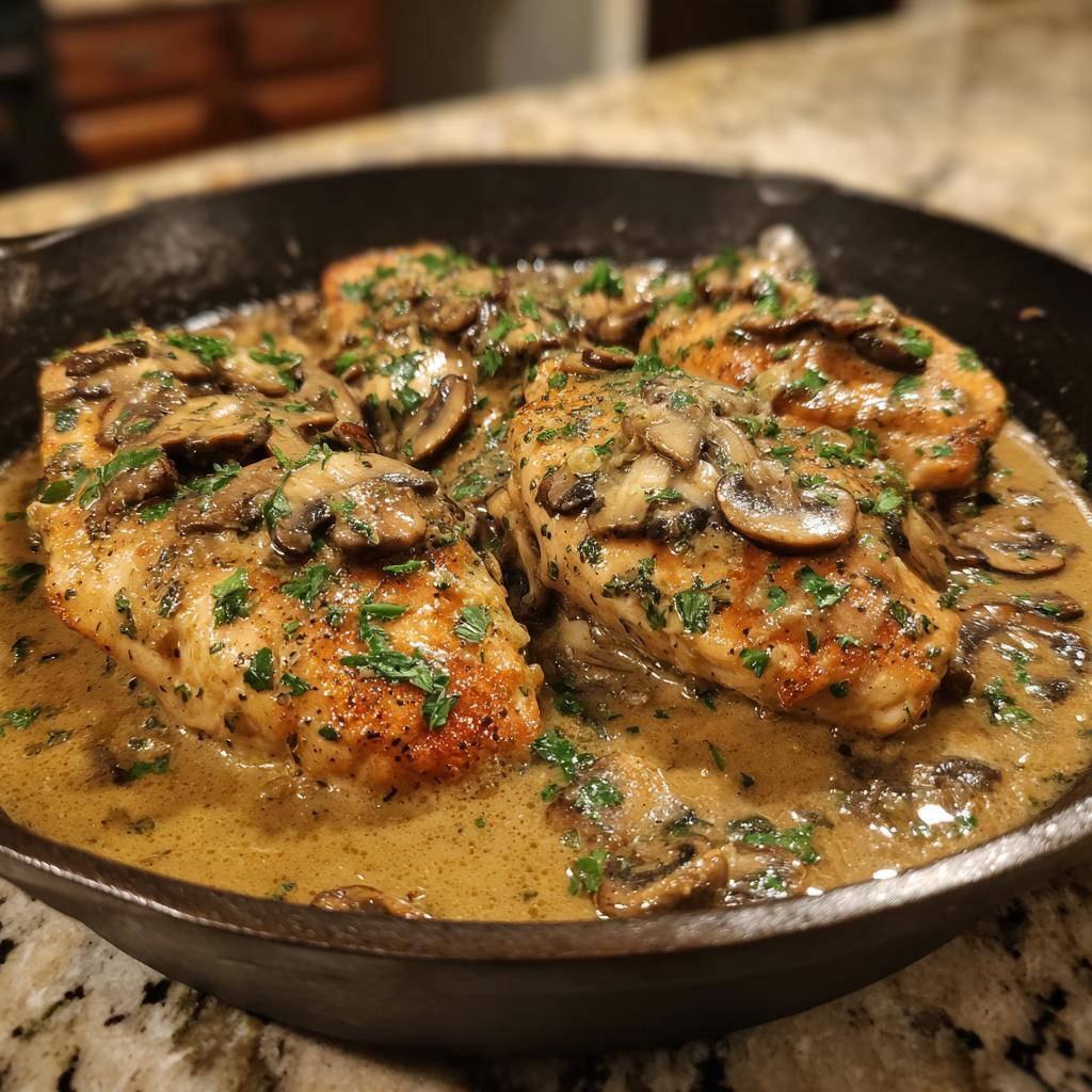 Close-up of pan-seared chicken breasts in a creamy mushroom skillet sauce, garnished with parsley.