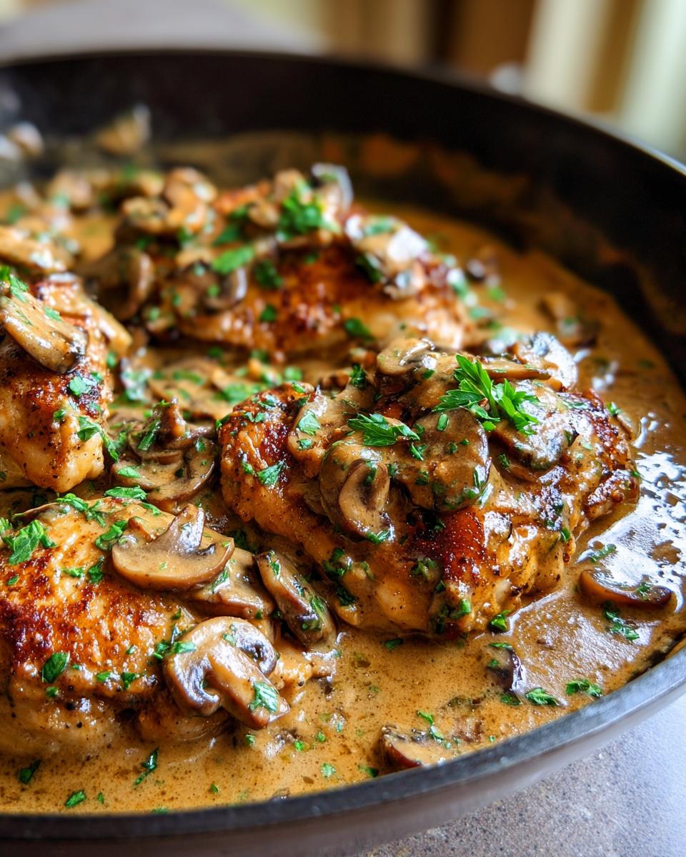 Close-up of pan-seared chicken breasts in a creamy mushroom skillet sauce, garnished with parsley.