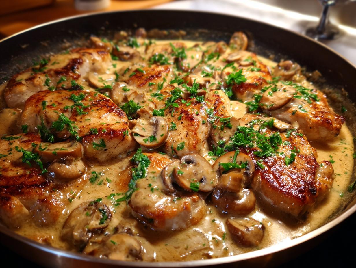 Close-up of pan-seared chicken breasts in a creamy mushroom skillet sauce, garnished with fresh parsley.