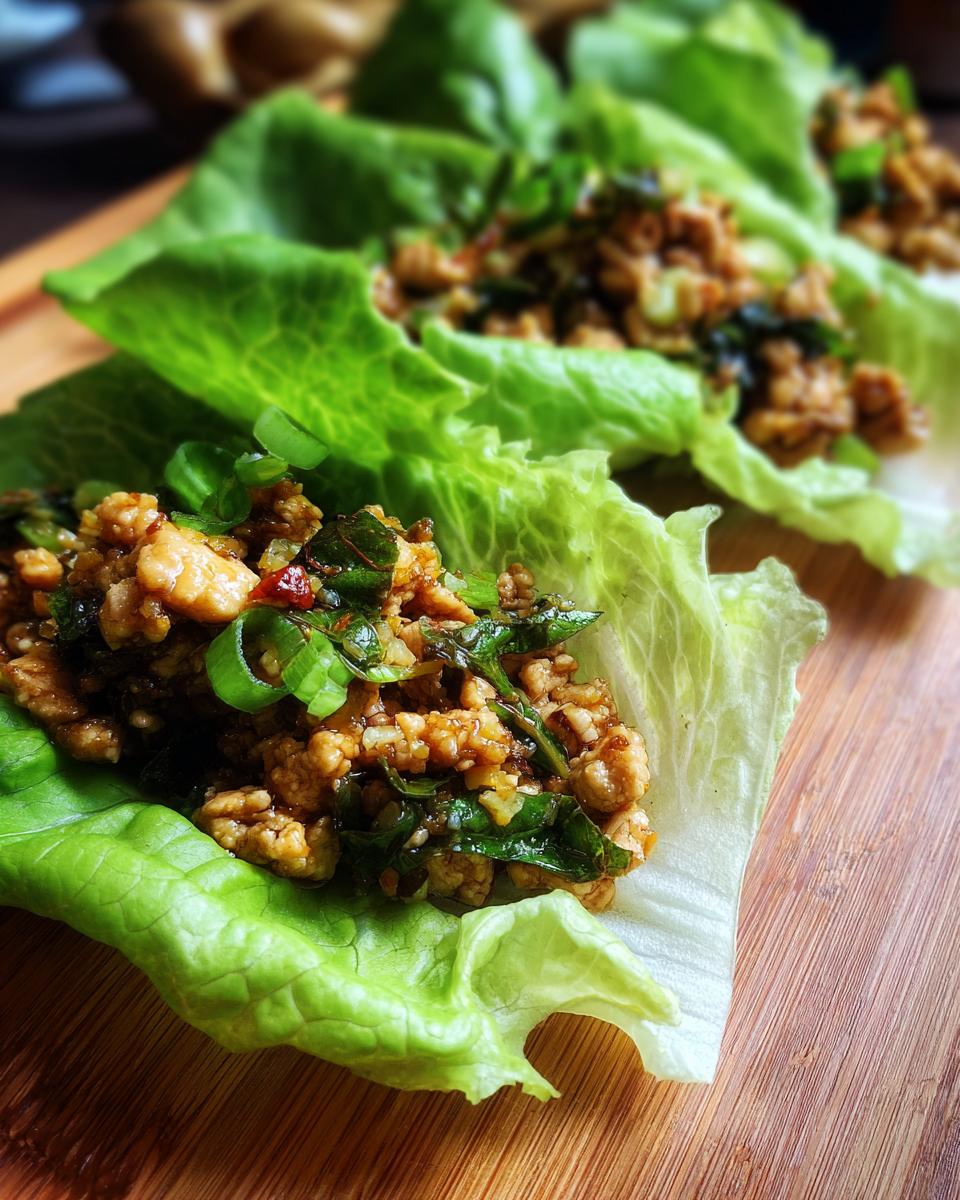 Close-up of fresh, crisp lettuce cups filled with seasoned ground chicken, a perfect healthy lunch idea.