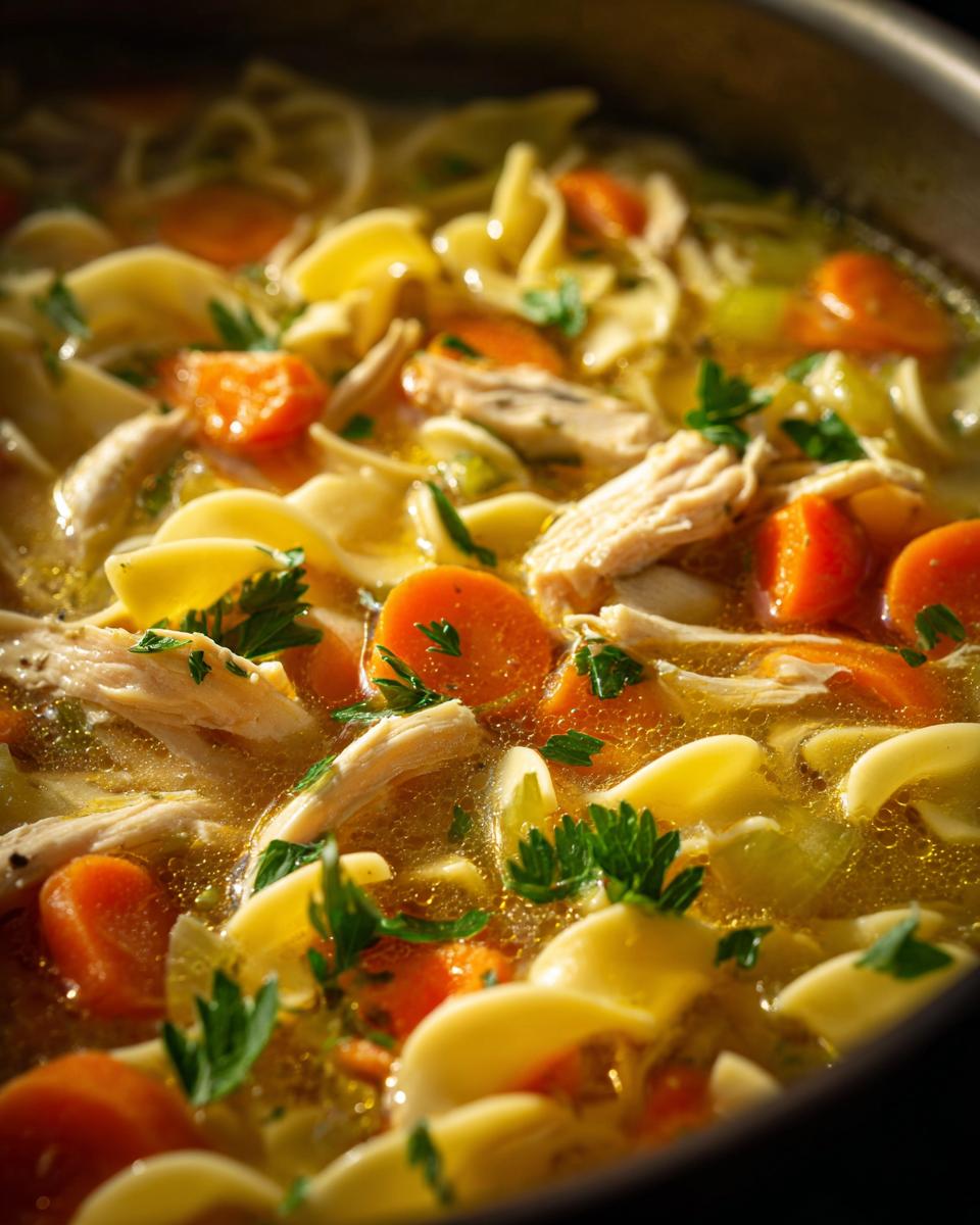 A close-up of steaming chicken noodle soup with tender chicken, carrots, and noodles, garnished with parsley.