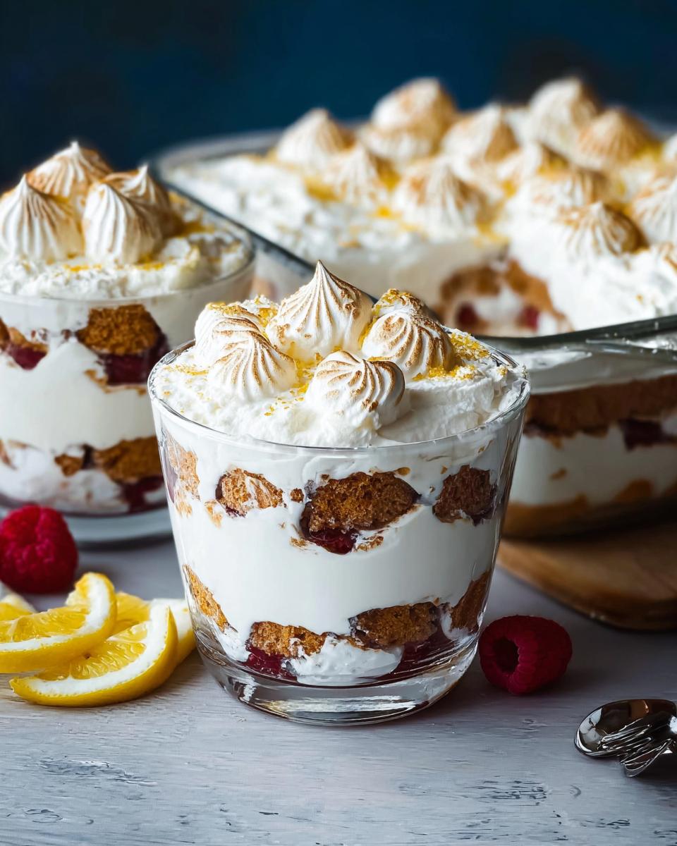 A close-up of individual servings of Chocolade Lasagne dessert, layered with cookies, cream, and berries, topped with torched meringue.