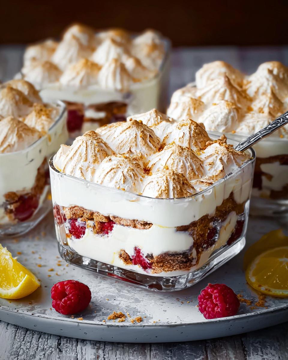 A close-up of individual servings of Chocolade Lasagne dessert, featuring layers of cream, raspberries, and crumbled cookies topped with toasted meringue.