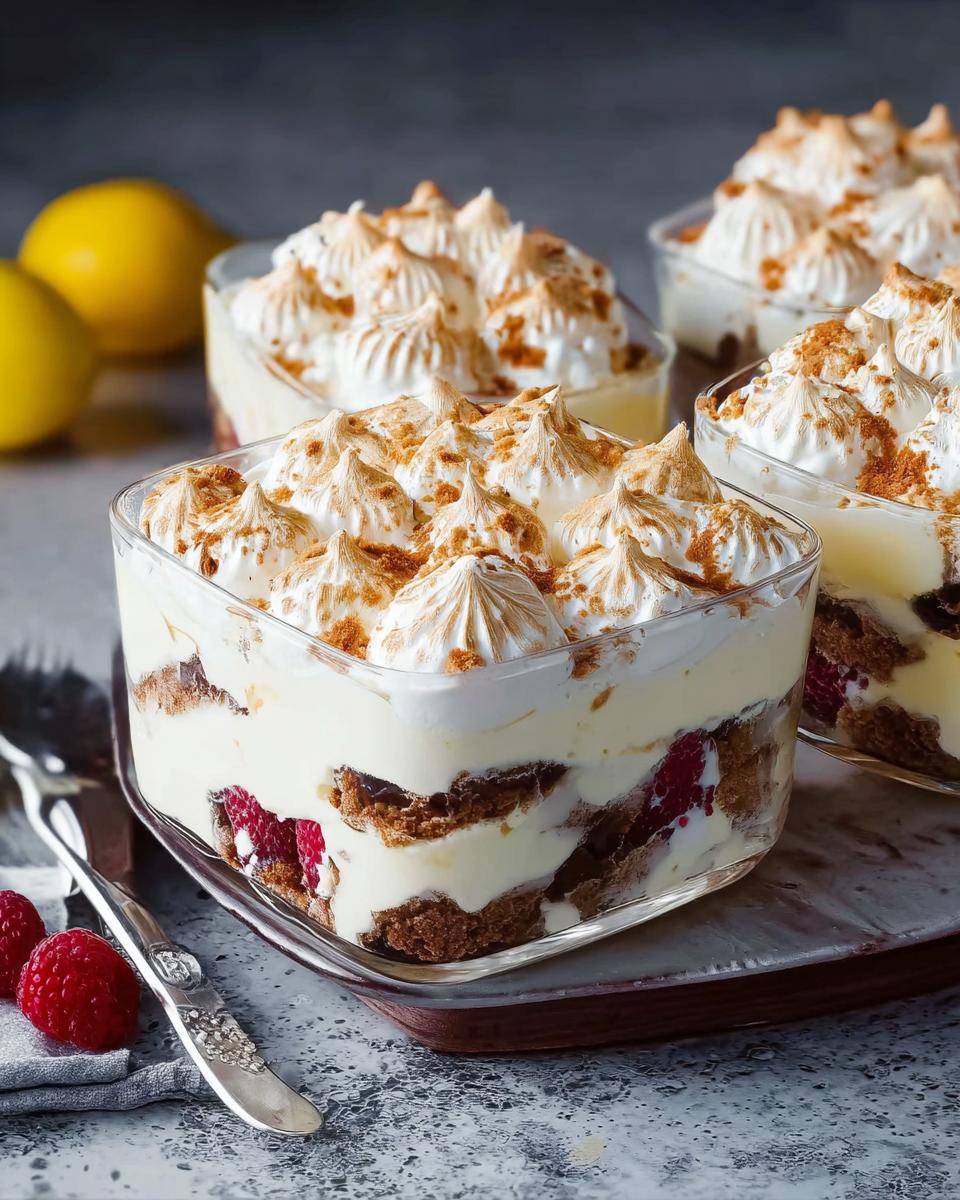 Close-up of individual servings of Chocolade Lasagne dessert, layered with cream, chocolate, raspberries, and topped with toasted meringue.