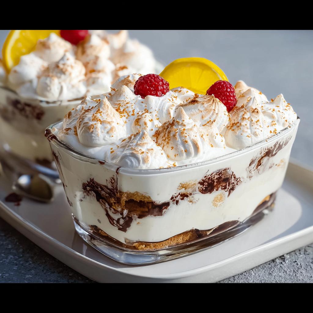 A close-up of a glass dish filled with Chocolade Lasagne dessert, topped with toasted meringue, raspberries, and a lemon slice.