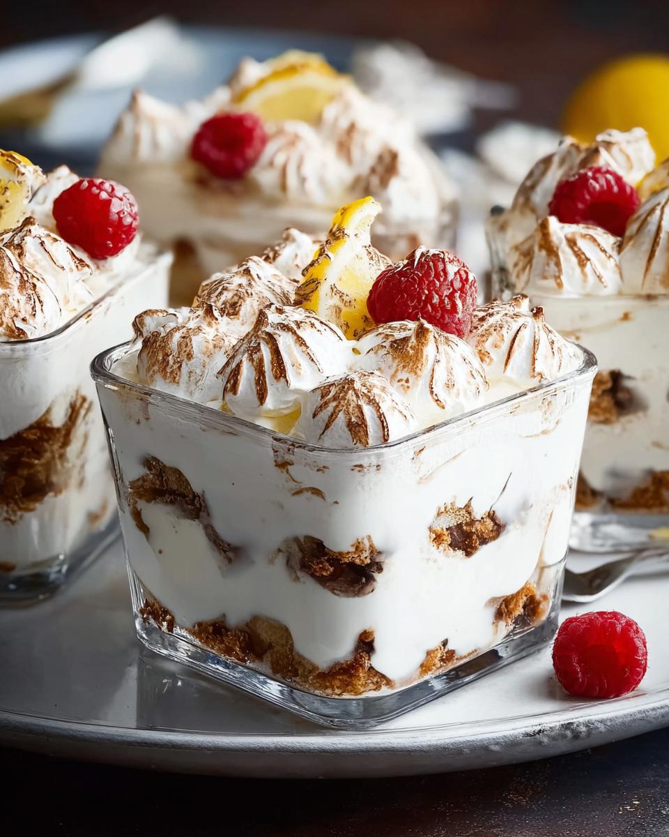 A close-up of individual servings of Chocolade Lasagne dessert in glass cups, topped with meringue, raspberries, and lemon slices.