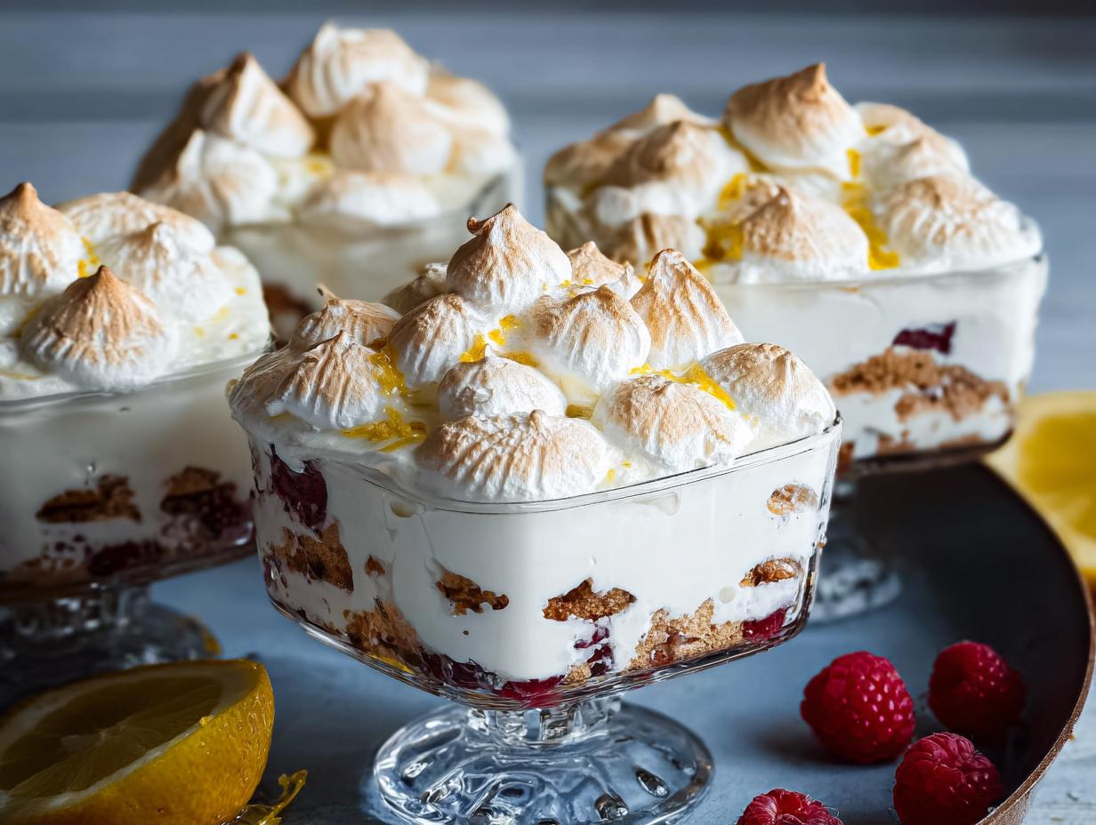 Close-up of individual servings of Chocolade Lasagne dessert, topped with toasted meringue and garnished with raspberries and lemon.