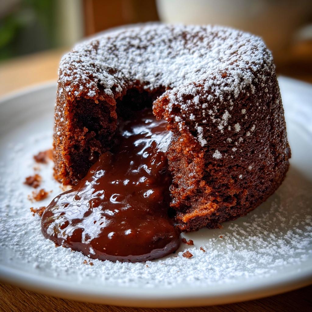 A rich chocolate lava cake, dusted with powdered sugar, with its molten chocolate center oozing out onto a white plate.