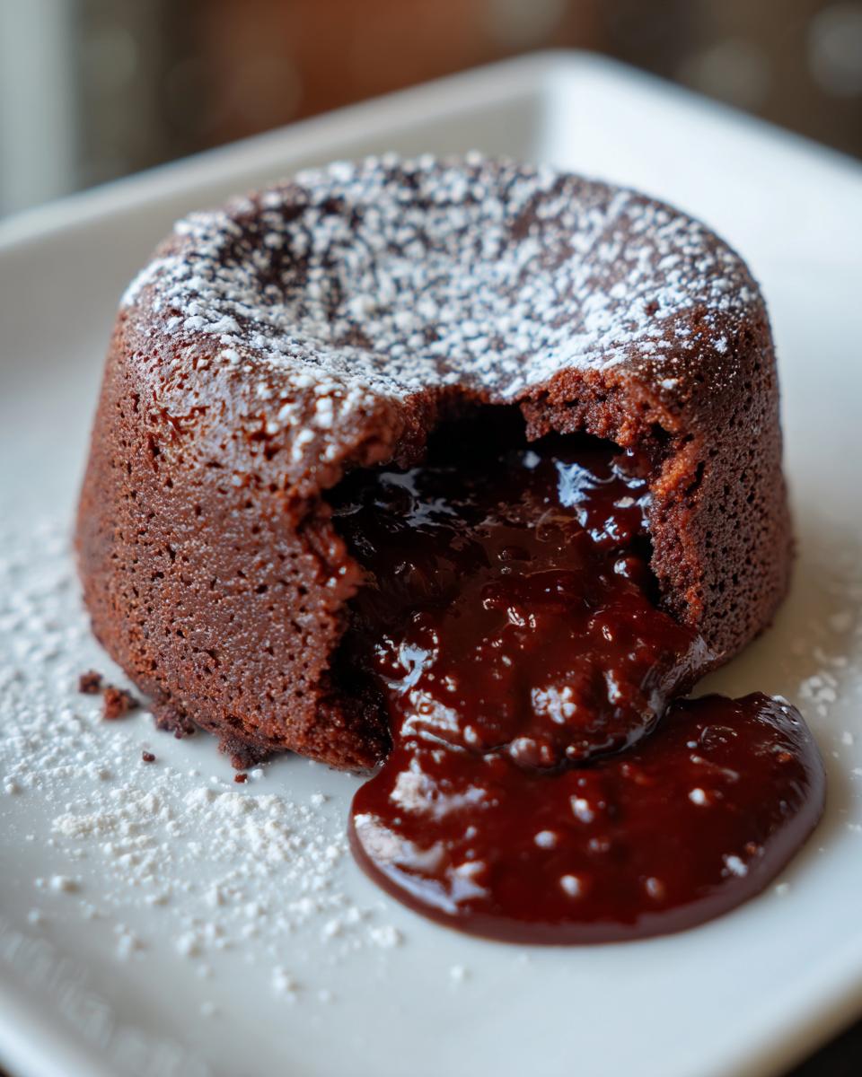 A warm chocolate lava cake with a molten chocolate center oozing out, dusted with powdered sugar.
