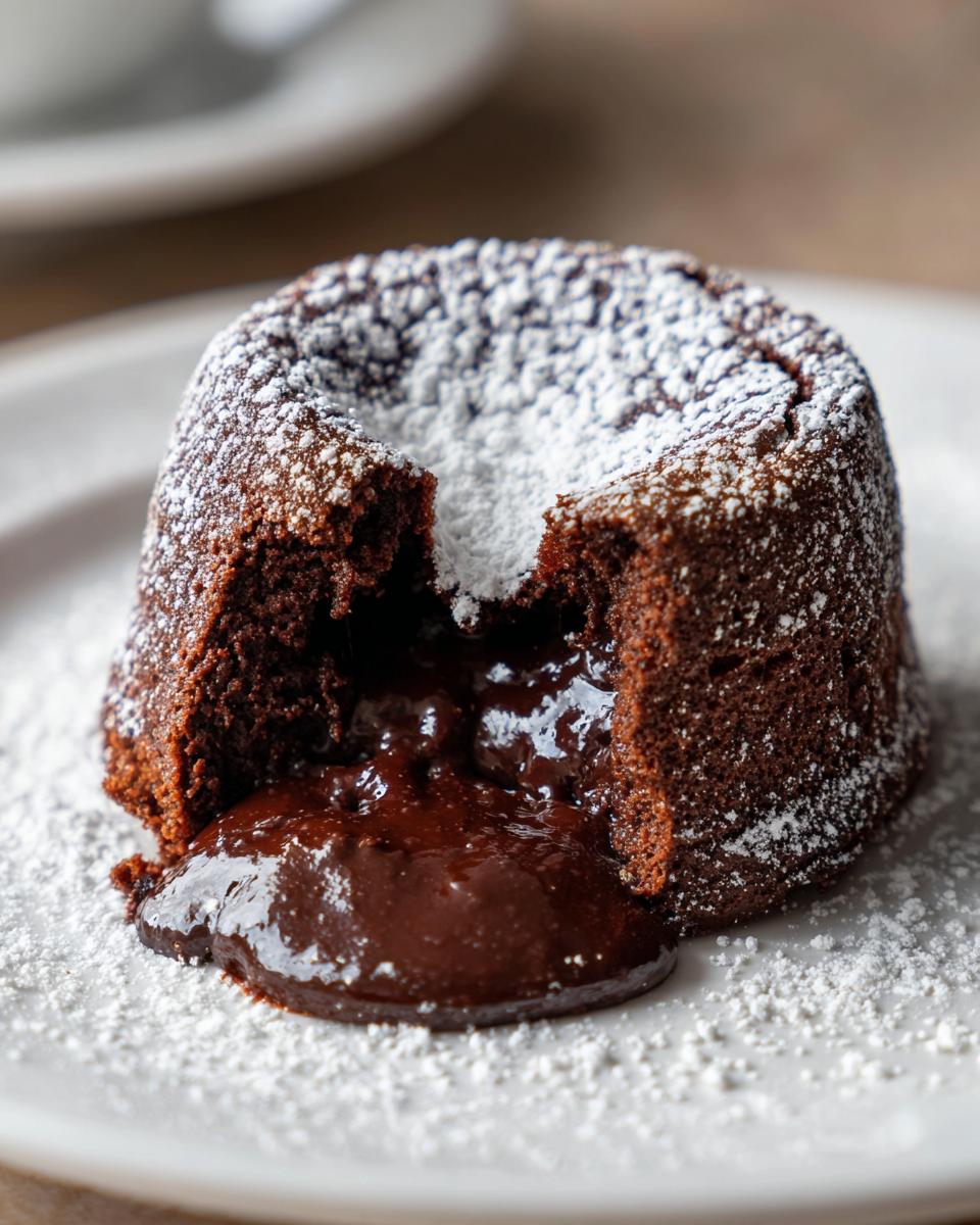 A close-up of a decadent chocolate lava cake, dusted with powdered sugar, with a rich molten chocolate center oozing out.