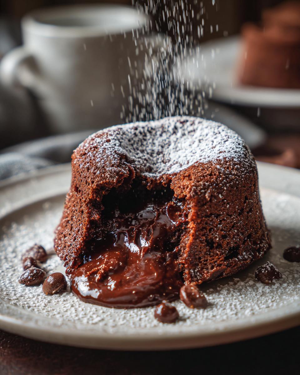 A close-up of a warm chocolate lava cake with molten chocolate oozing out, dusted with powdered sugar.