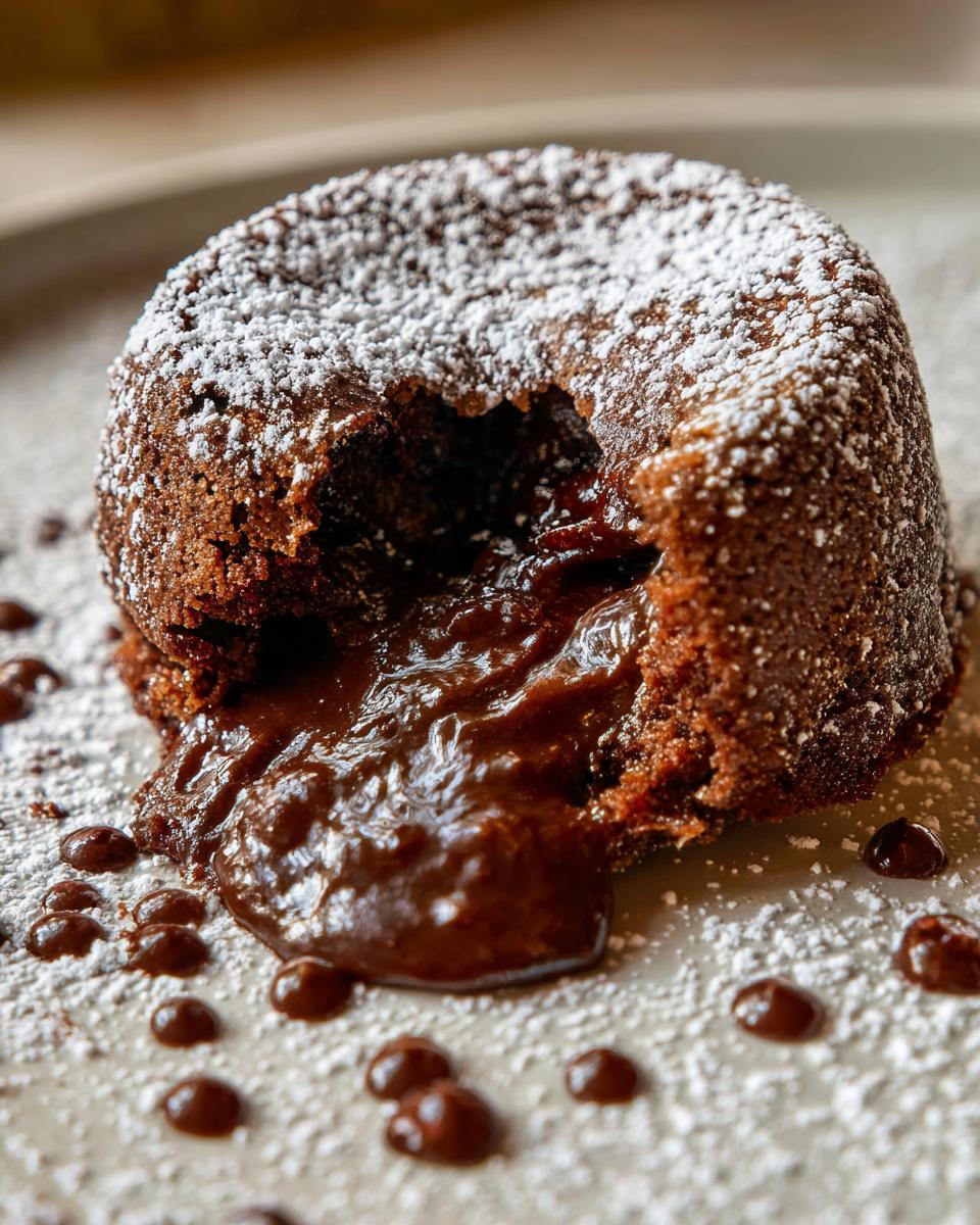 Close-up of a decadent chocolate lava cake with molten chocolate oozing out, dusted with powdered sugar.