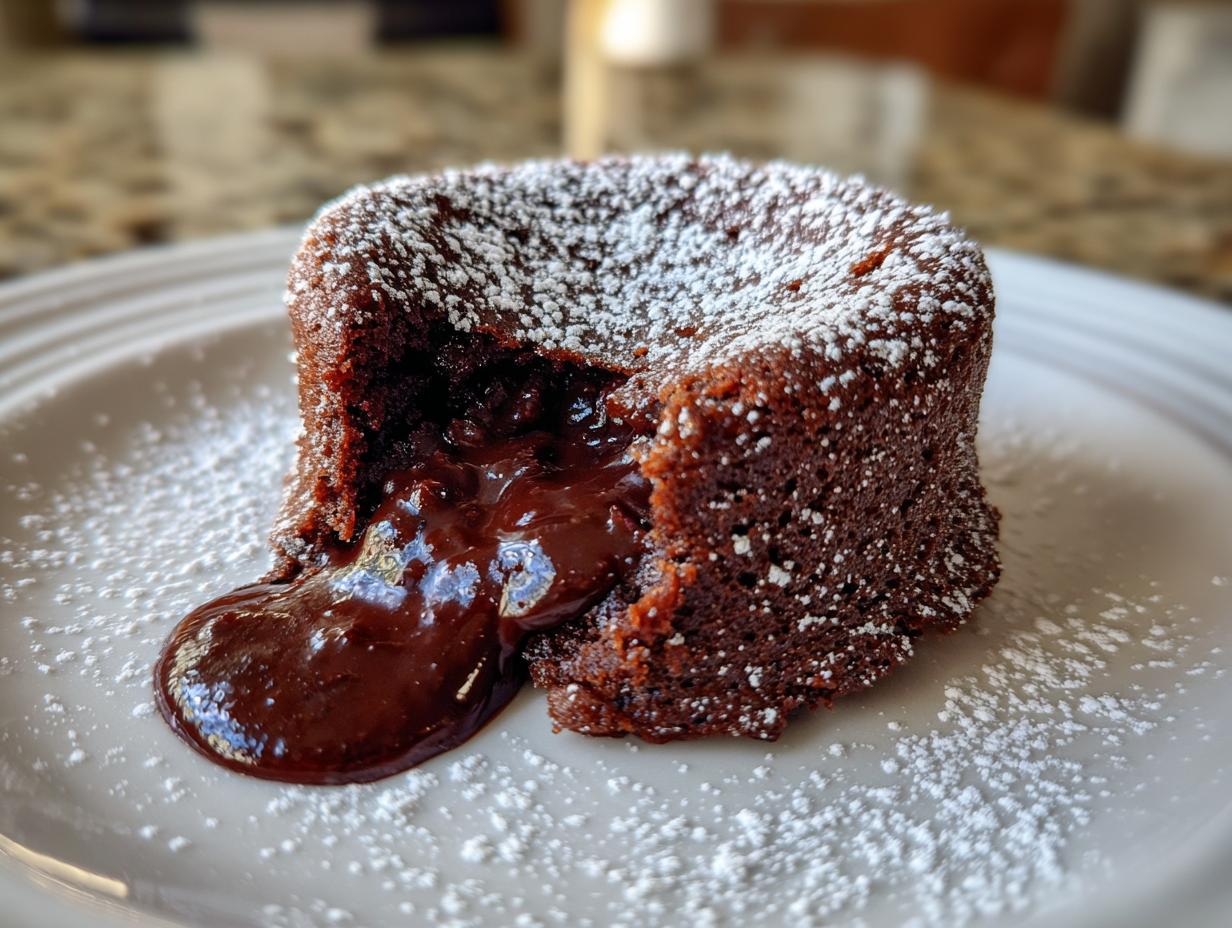 A close-up of a warm chocolate lava cake, dusted with powdered sugar, with molten chocolate oozing out.