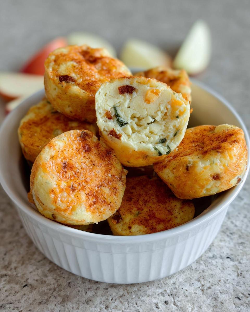 A bowl of Cinnamon Apple Cottage Cheese Bites, with one bitten in half showing the fluffy interior with apple and spinach.