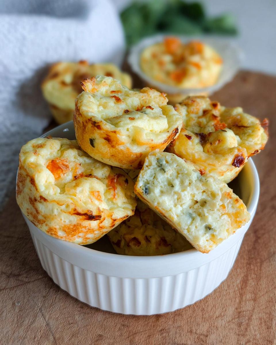 Close-up of Cinnamon Apple Cottage Cheese Bites in a white bowl, one bite is cut in half revealing the texture.