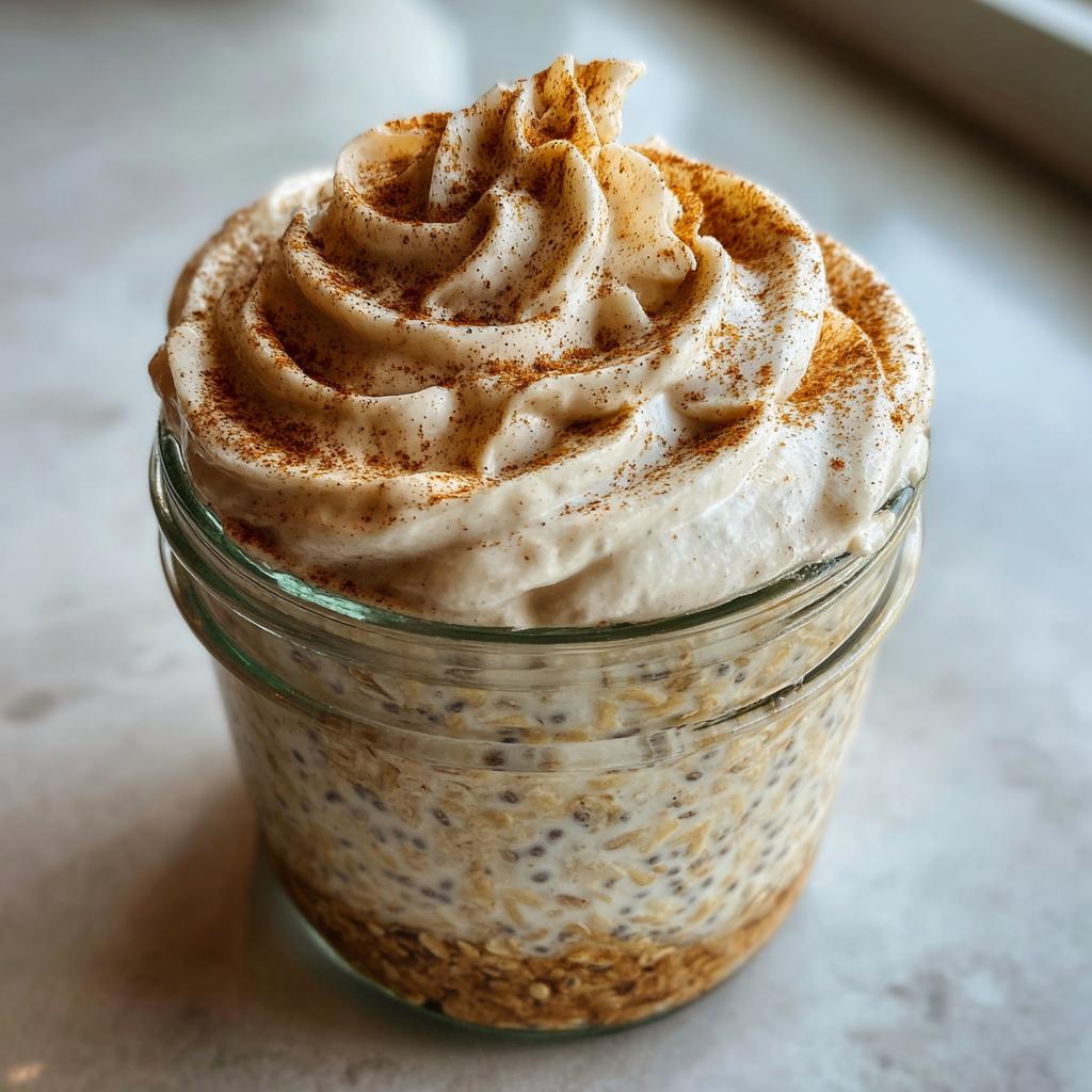 Close-up of Cinnamon Roll Overnight Oats in a jar, topped with whipped cream and cinnamon.