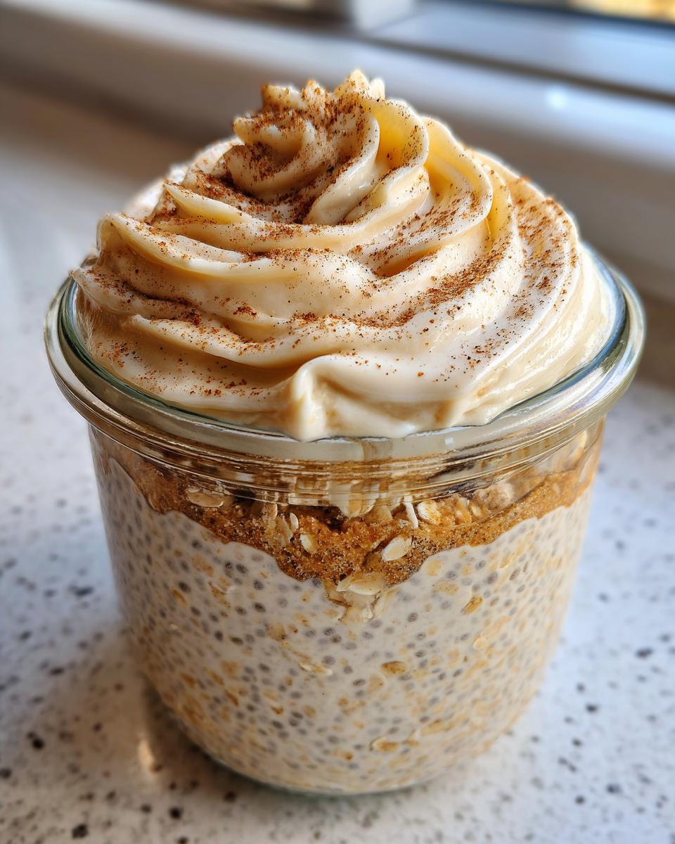 Close-up of cinnamon roll overnight oats in a jar, topped with whipped cream and cinnamon.