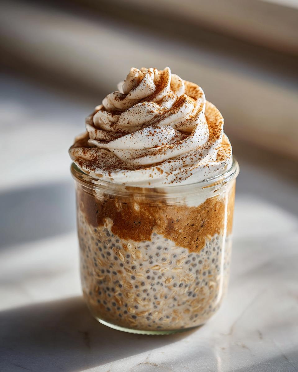 A jar of cinnamon roll overnight oats topped with whipped cream and cinnamon, perfect for breakfast ideas.