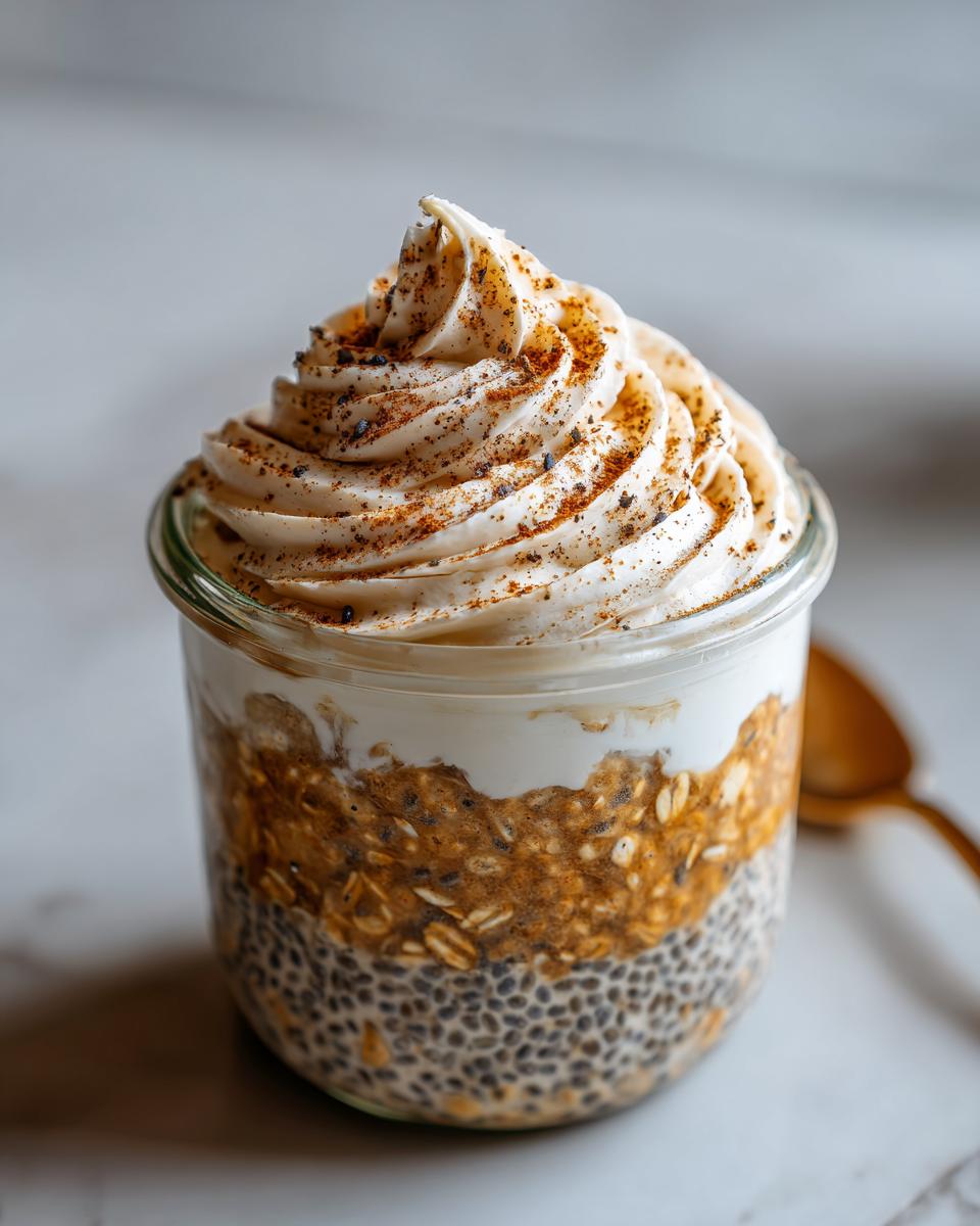 Close-up of Cinnamon Roll Overnight Oats in a jar, layered with chia seeds, oats, and topped with whipped cream and cinnamon.