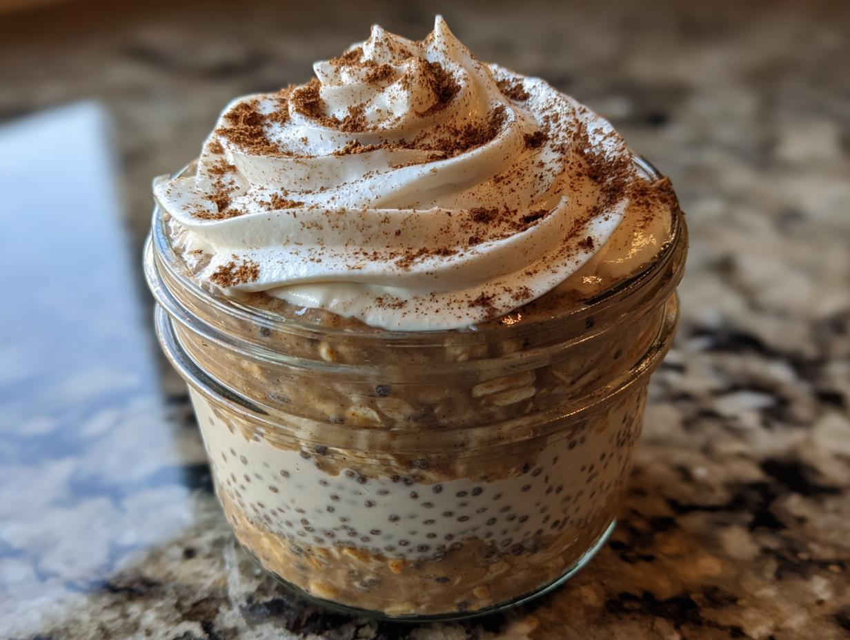 A jar of Cinnamon Roll Overnight Oats topped with whipped cream and cinnamon, perfect for breakfast ideas.