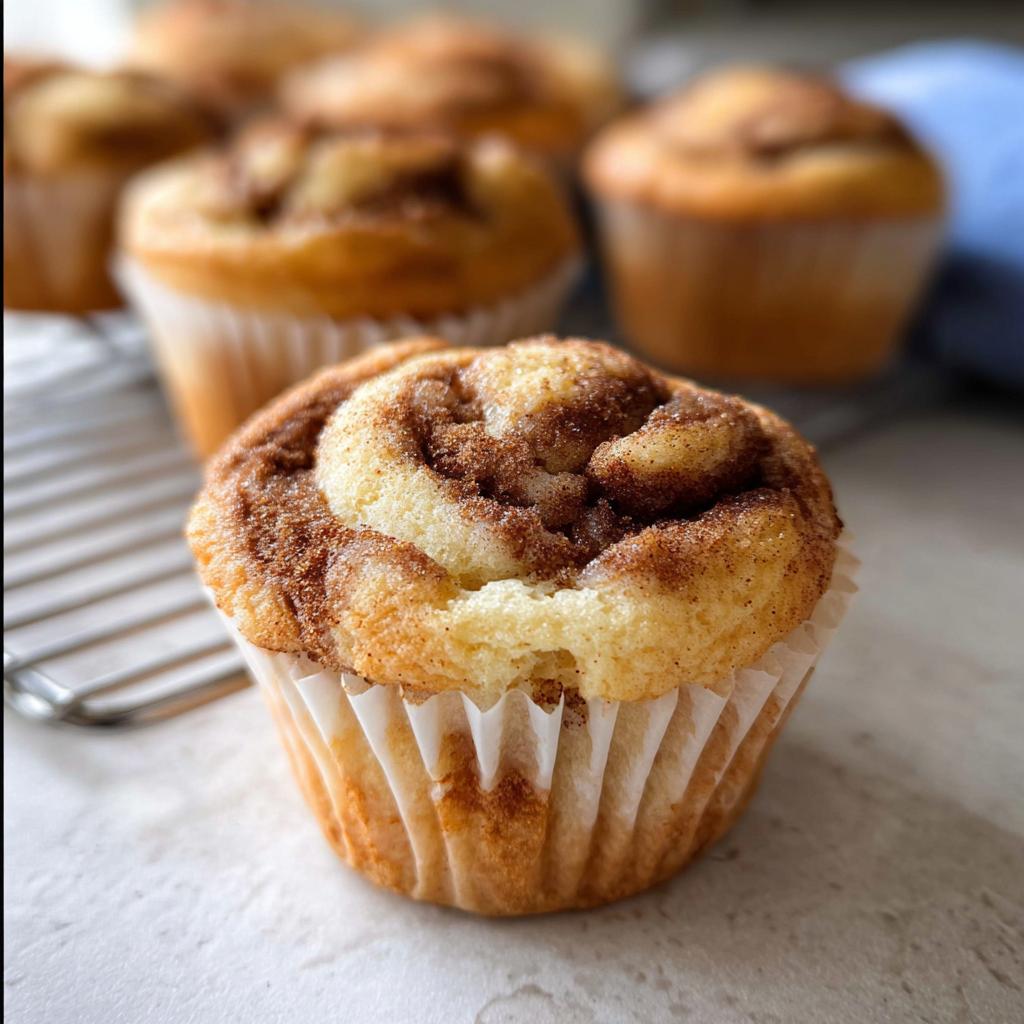 Close-up of a Cinnamon Roll Protein Muffin with a swirl of cinnamon and sugar on top.