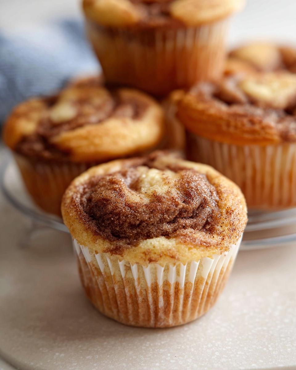 Close-up of a Cinnamon Roll Protein Muffin with a swirled cinnamon topping.