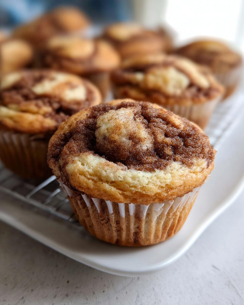 Close-up of a freshly baked Cinnamon Roll Protein Muffin with a swirl of cinnamon sugar on top.