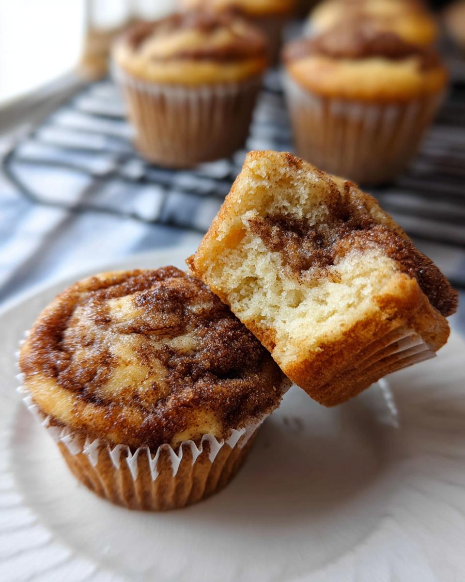 A close-up of a Cinnamon Roll Protein Muffin, with one muffin broken in half to show the swirled interior.
