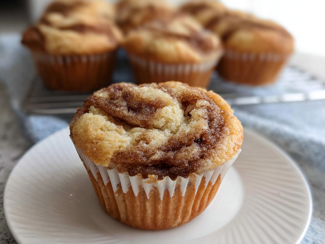 Close-up of a Cinnamon Roll Protein Muffin with visible cinnamon swirl on a white plate.
