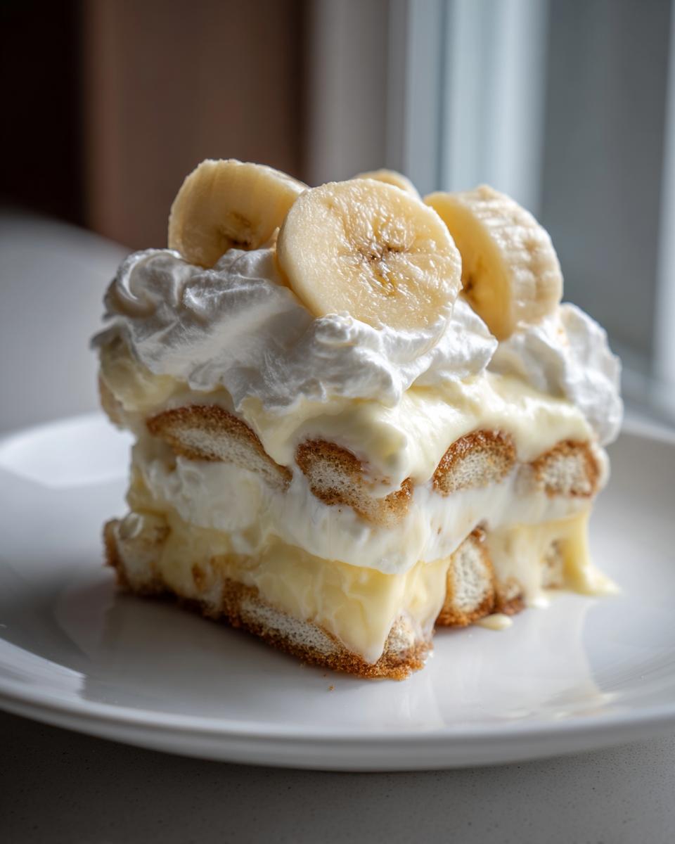 A decadent slice of Classic Banana Pudding, layered with vanilla wafers, creamy pudding, and topped with homemade whipped cream and fresh banana slices.