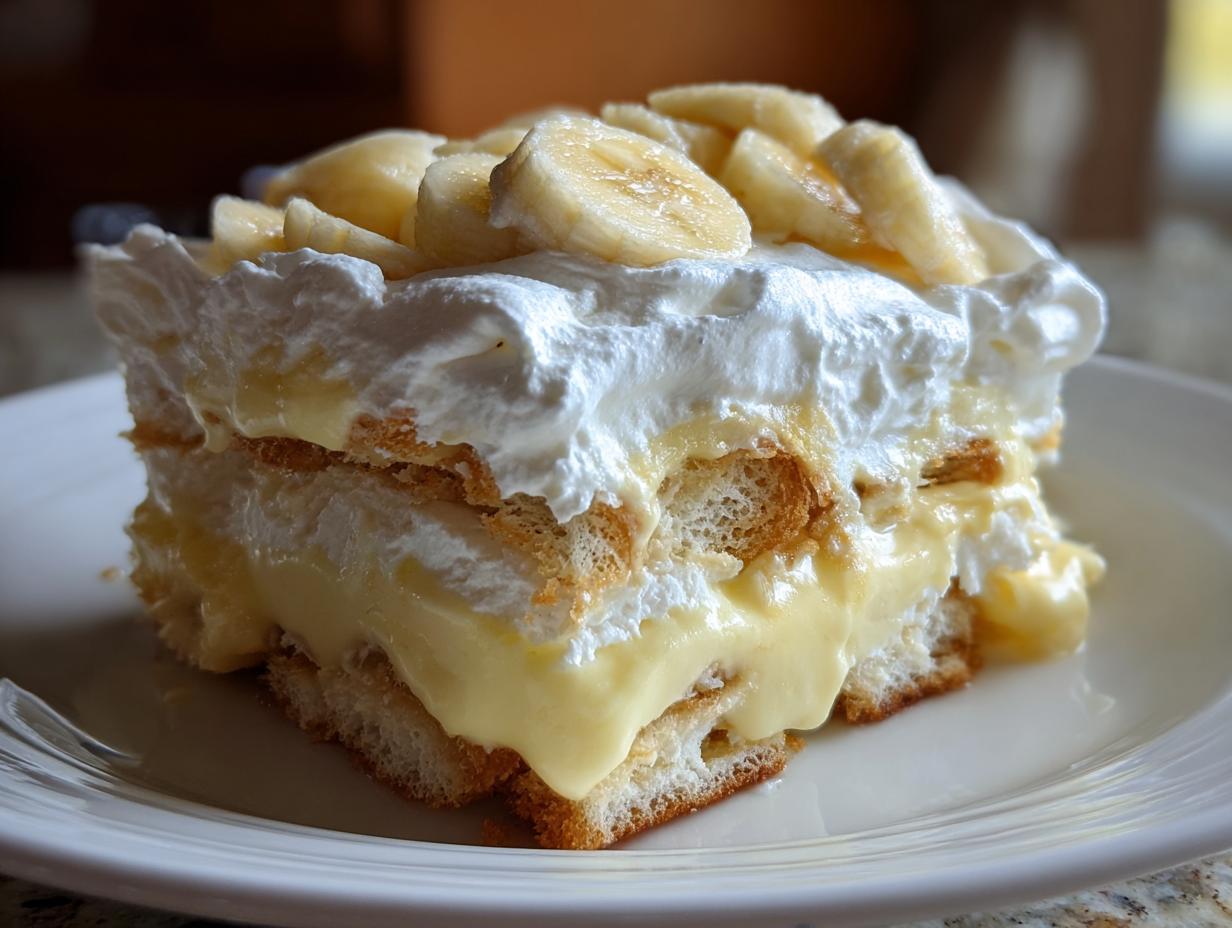 A generous slice of classic banana pudding with layers of vanilla wafers, creamy pudding, and homemade whipped cream, topped with fresh banana slices.