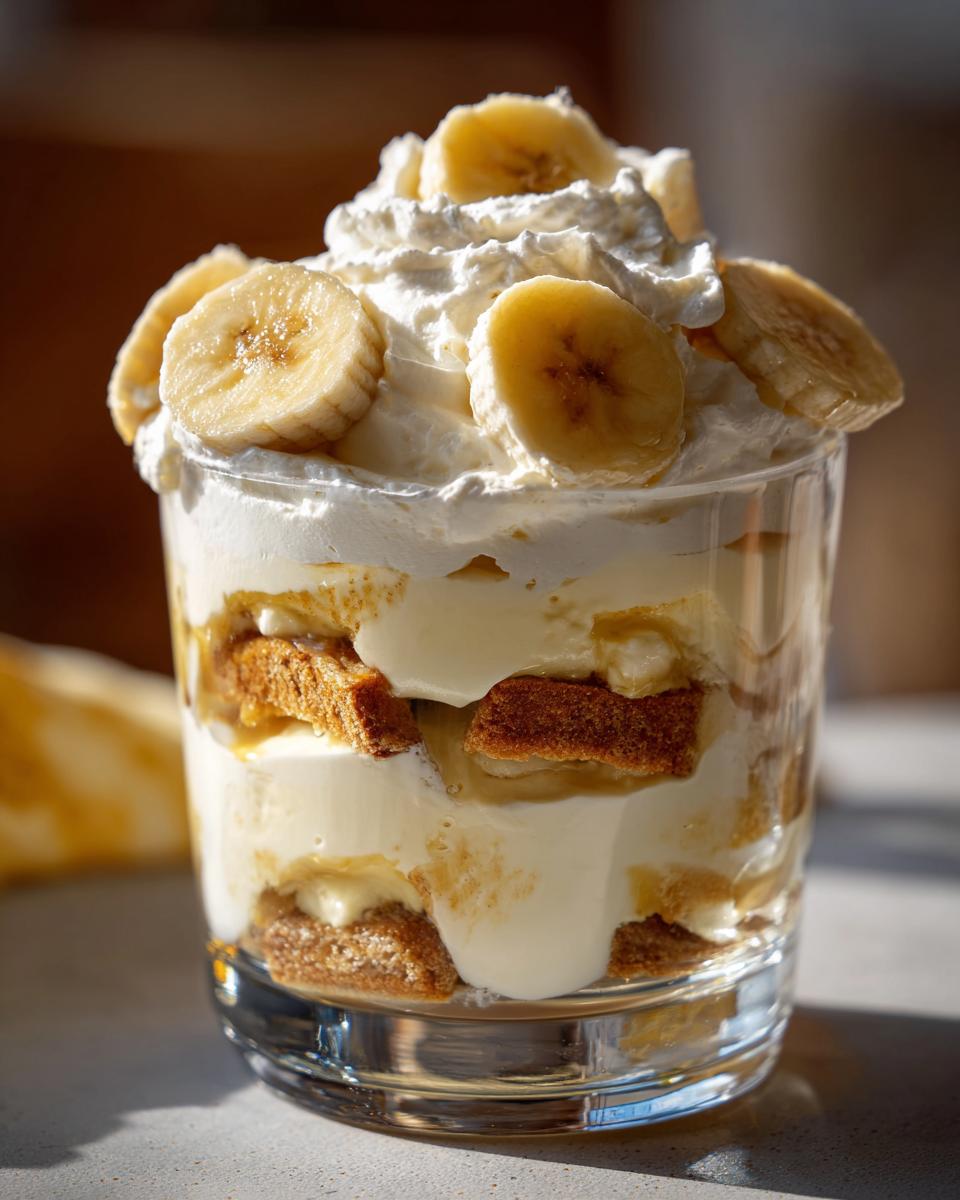 Close-up of a glass filled with layers of creamy Classic Banana Pudding, cookies, and fresh banana slices, topped with homemade whipped cream.