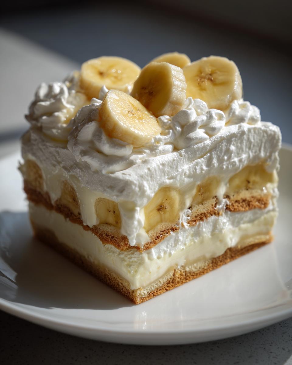 A decadent slice of Classic Banana Pudding, layered with creamy pudding, vanilla wafers, fresh bananas, and topped with homemade whipped cream.