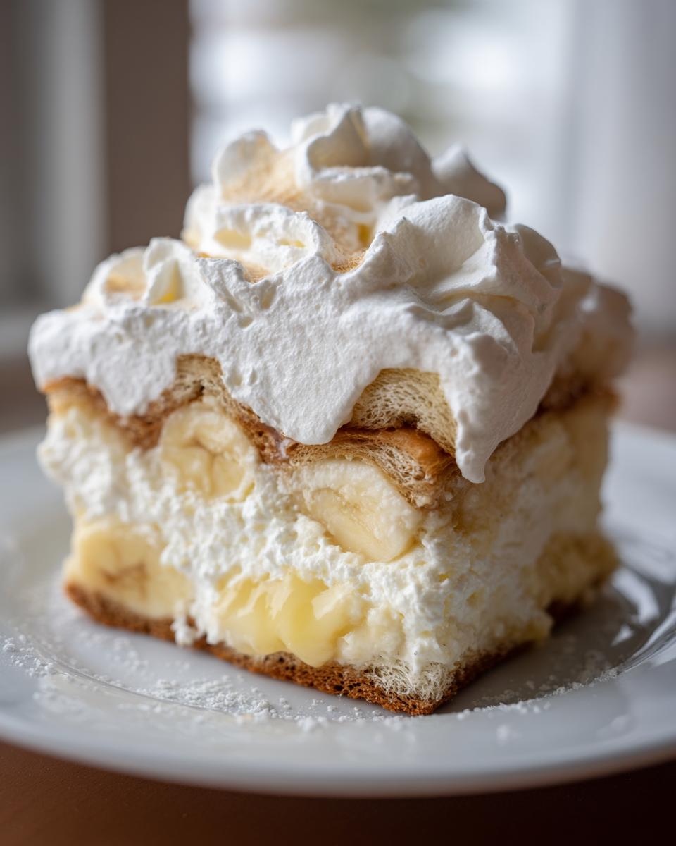 A generous slice of Classic Banana Pudding, layered with vanilla wafers, fresh banana slices, creamy pudding, and topped with homemade whipped cream.