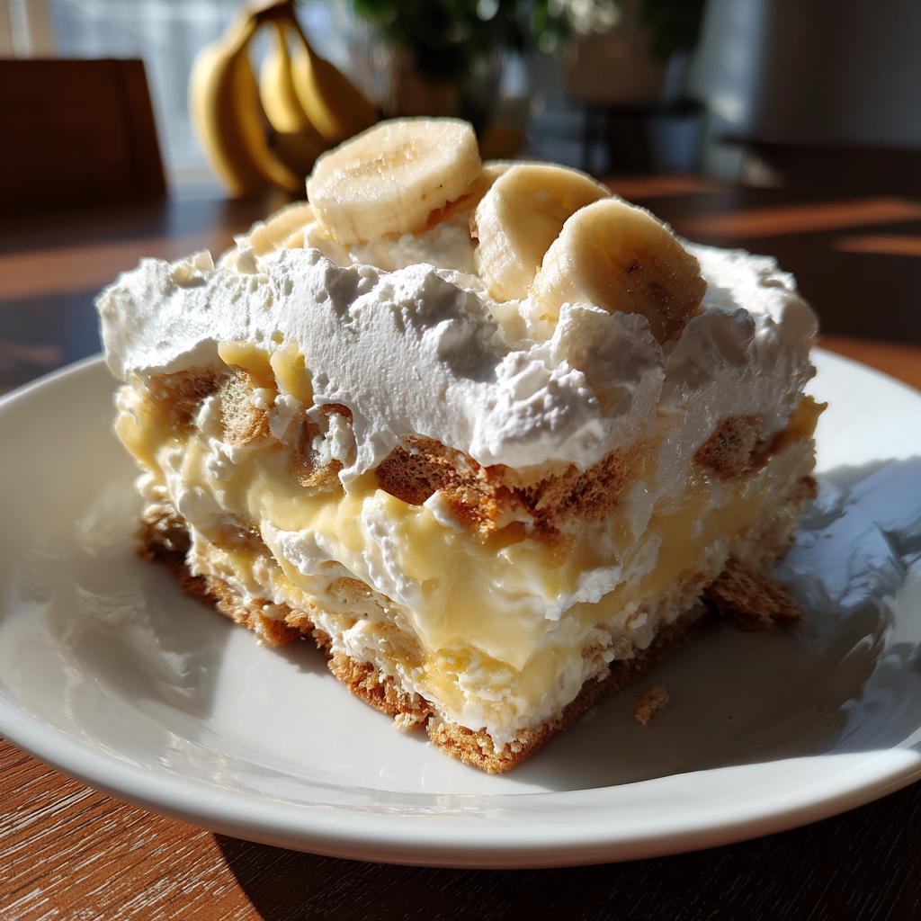 A generous slice of classic banana pudding with layers of vanilla pudding, Nilla wafers, and homemade whipped cream, topped with banana slices.