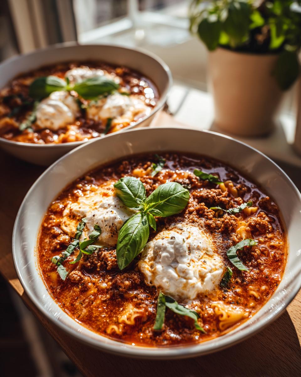 Two bowls of hearty Classic Lasagna Soup with pasta, rich meat sauce, and dollops of ricotta cheese, garnished with fresh basil.