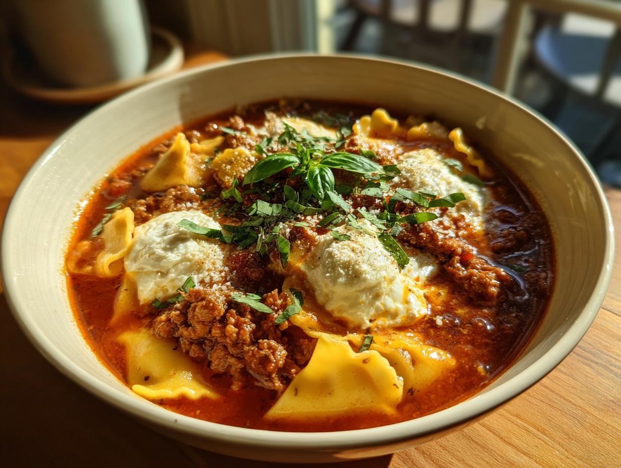 A comforting bowl of Classic Lasagna Soup with pasta, rich meat sauce, dollops of ricotta, and fresh basil.