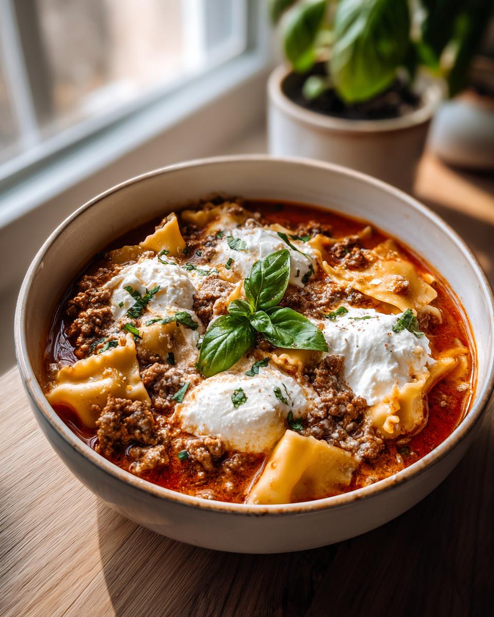 A close-up of a bowl of classic lasagna soup with pasta, ground meat, and dollops of ricotta cheese, garnished with basil.